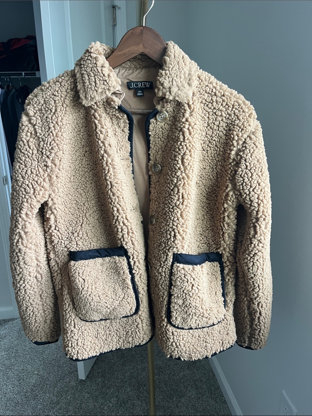 J. Crew Tan Sherpa Button-Up Jacket with Black Trim
